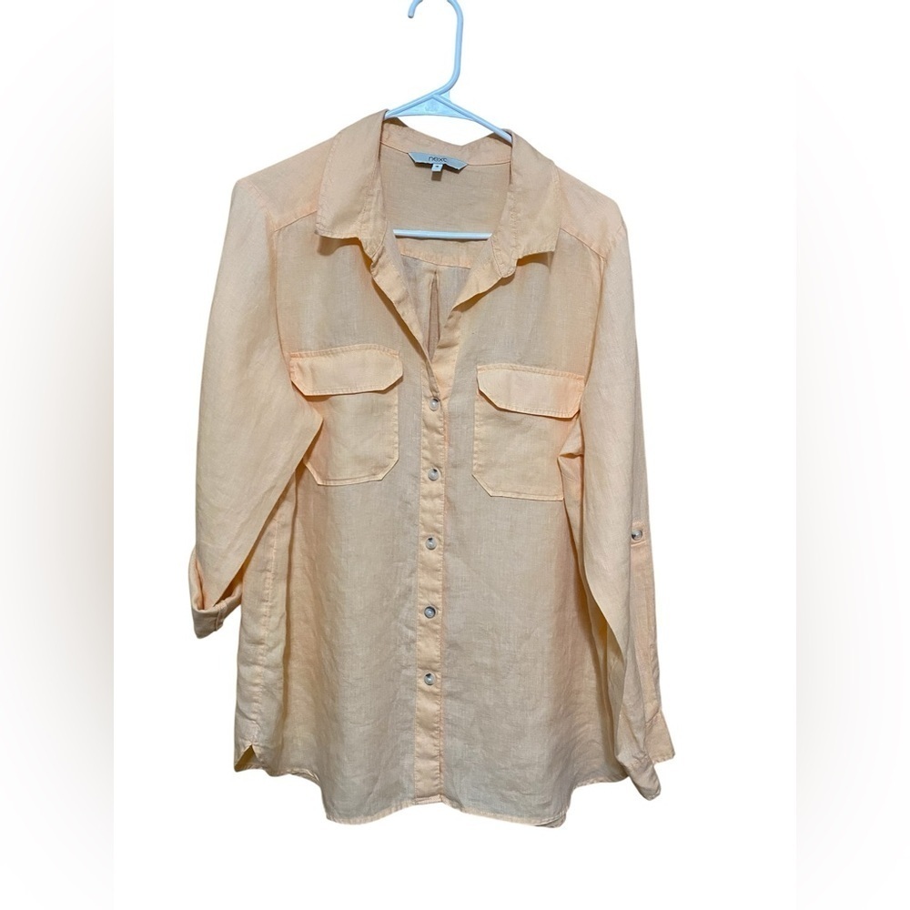 Next Tangerine Orange Peach 100% Linen Long Sleeve Woman’s Shirt Size 16.
